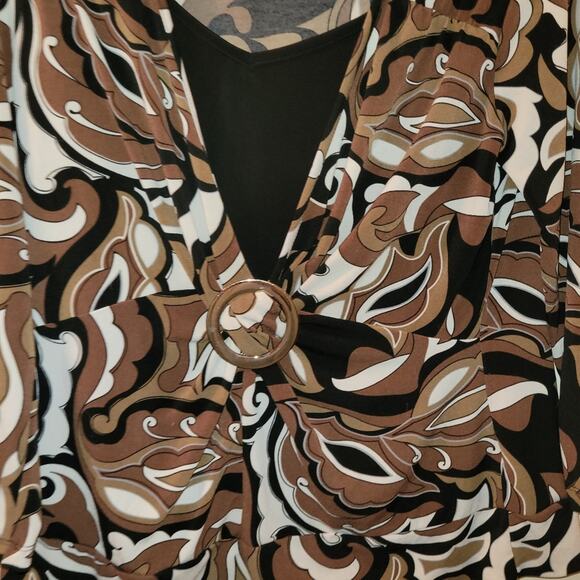 Vintage Y2K Abstract Floral Brown Top Blouse Buckle Front Detail Size L Cato - Picture 3 of 9